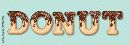 Tempting  typography. Icing text. Word "donut" glazed with chocolate and candy. Donut letters