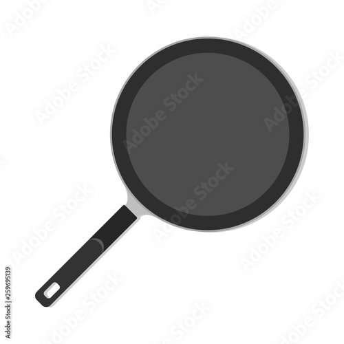 Empty frying pan with handle. Kitchen and domestic symbol. Top view. Kitchen utensils for frying food.