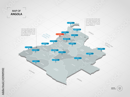 Isometric 3D Angola map. Stylized vector map illustration with cities, borders, capital, administrative divisions and pointer marks; gradient background with grid. 