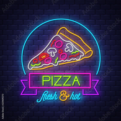Pizza  Neon Sign Vector on brick wall background