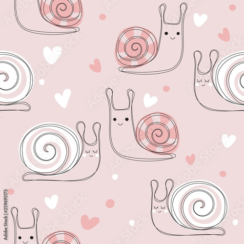 Snail pink background. Seamless pattern with cute snail. Vector hand drawn illustration. Fashion kids prin photo