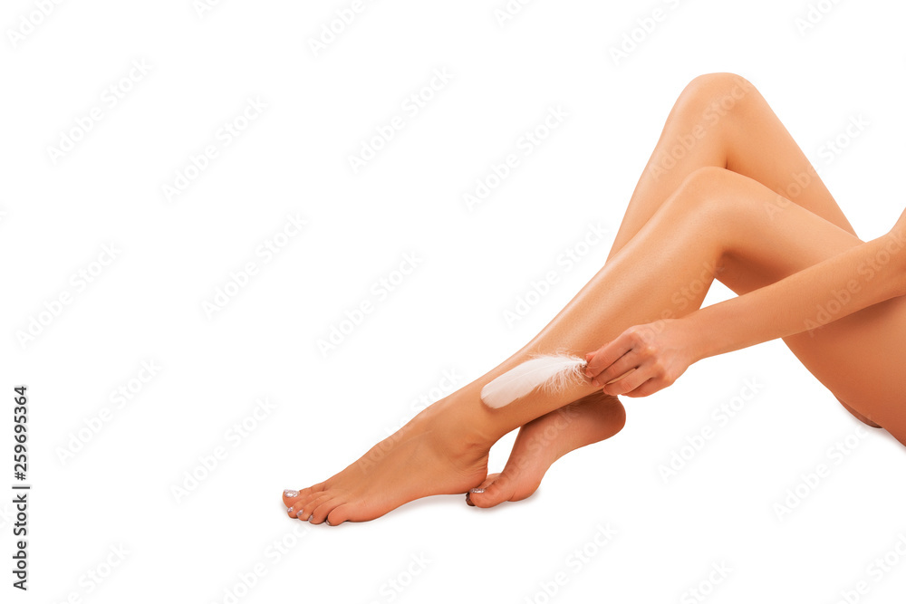 Long Woman Legs isolated on White. skincare. Beautiful female Legs without  Hair, Laser Depilation. Female body isolated on white Background with copy  space. Laser Hair Removal foto de Stock | Adobe Stock