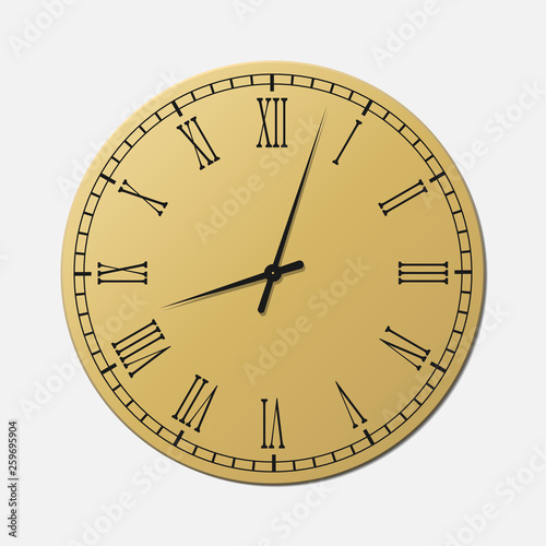 Vintage clock face showing vector illustration isolated on white background. Roman numerals. 