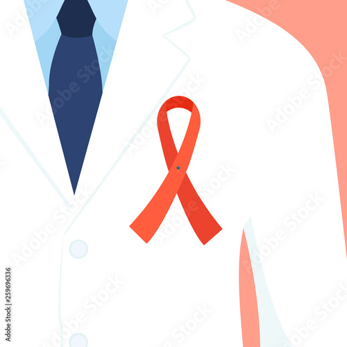 Multiple sclerosis ribbon awareness poster with a doctor wearing an orange bow as symbol of the fight and treatment of MS. Medical concept. Vector illustration on white background.