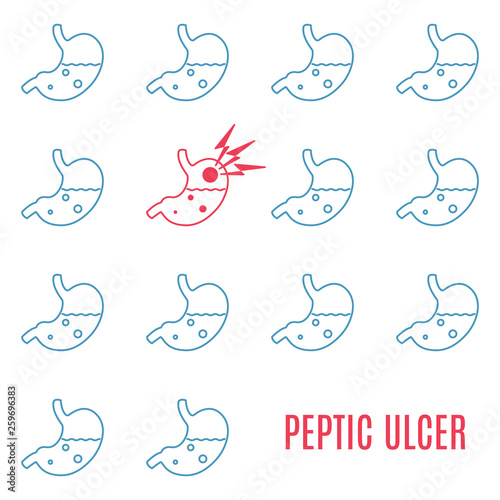 Peptic ulcer stomach disease awareness poster in linear style on white background. Human body abdominal organ anatomy icon. Medical concept.