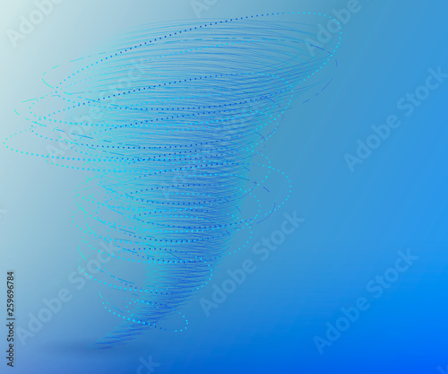 Abstract tornado vector illustration. Wired structure swirl with particles and dots. Background in blue colors.