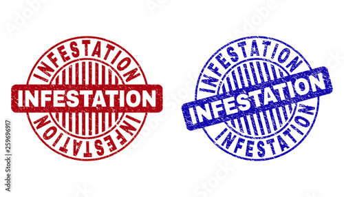 Grunge INFESTATION round stamp seals isolated on a white background. Round seals with distress texture in red and blue colors.