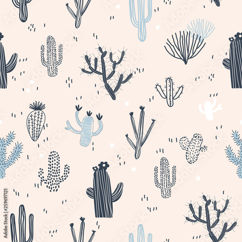 Seamless pattern with different cacti. Perfect for fabric, textile. Vector background.