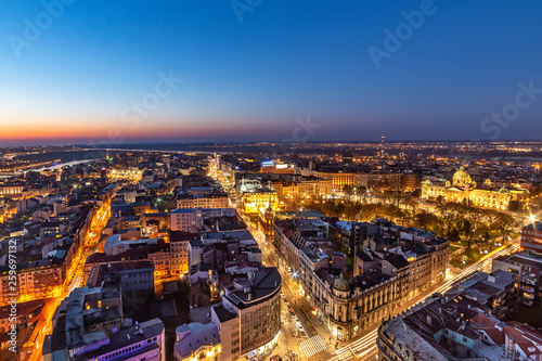 Belgrade, Serbia March 31, 2019: Aerial Shot of Belgrade by night. The center of Belgrade. © nedomacki