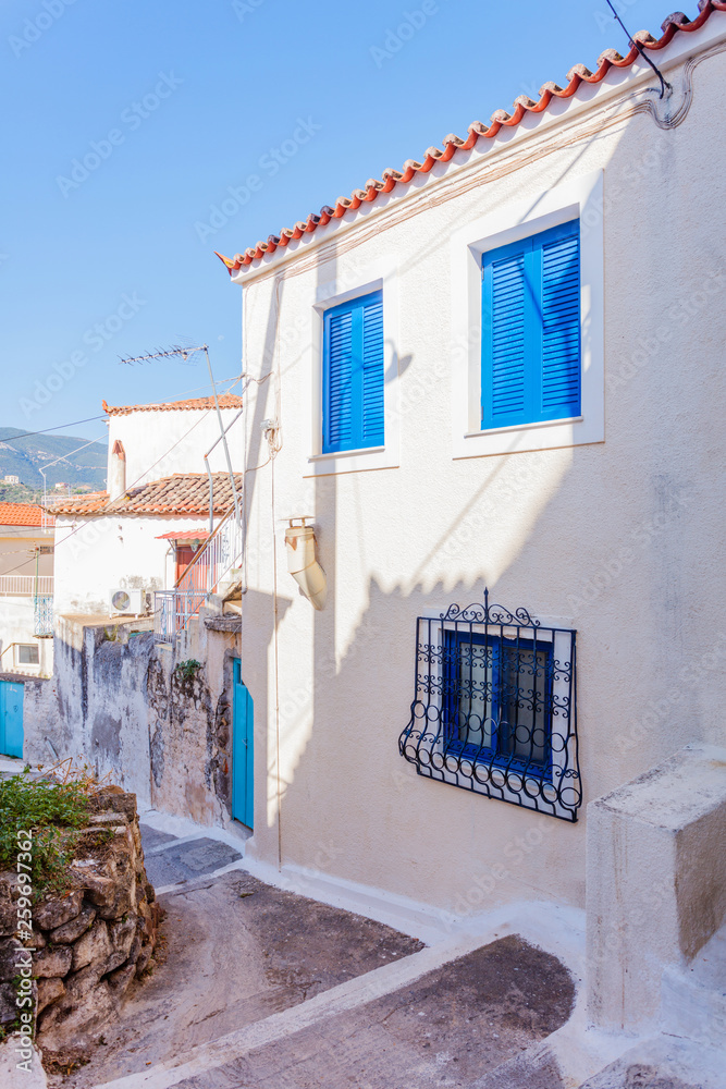 Beautiful street in old greece town, Crete island, Greece. Summer landscape