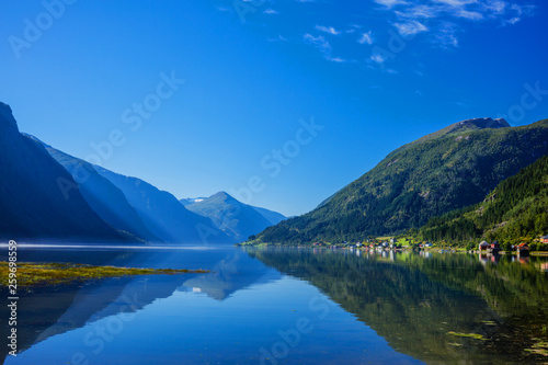 Beautiful Nature Norway natural landscape with fjord and mountain. photo
