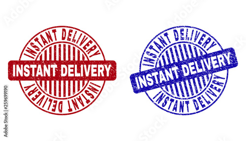 Grunge INSTANT DELIVERY round stamp seals isolated on a white background. Round seals with grunge texture in red and blue colors.