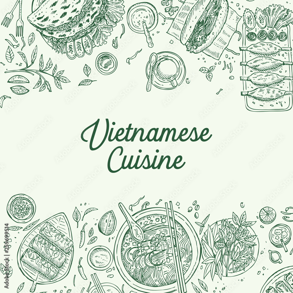 Hand drawn top view traditional Vietnamese food, Vector Illustration