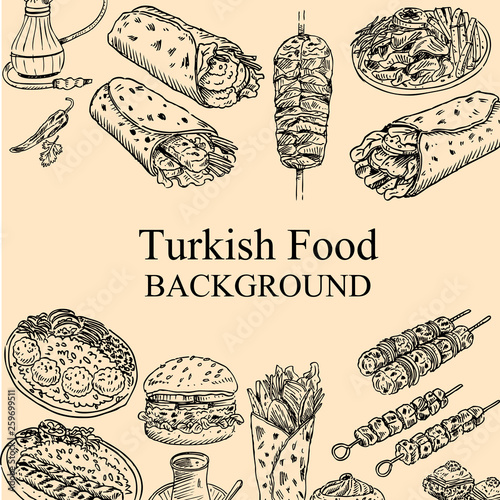 Hand drawn Turkish food, Vector Illustration