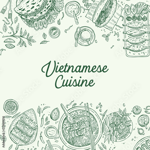 Hand drawn top view traditional Vietnamese food, Vector Illustration