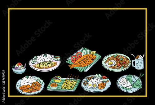 Thai food background, Hand drawn popular Thai food such as Tom Yum Soup, Pad Thai Noodles, Spring rolls etc.