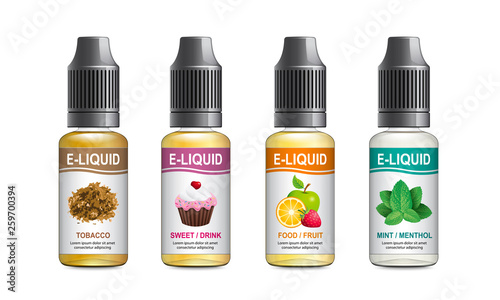 Realistic vector illustration of plastic bottles of e-liquid for vaping. Templates for e-liquid label