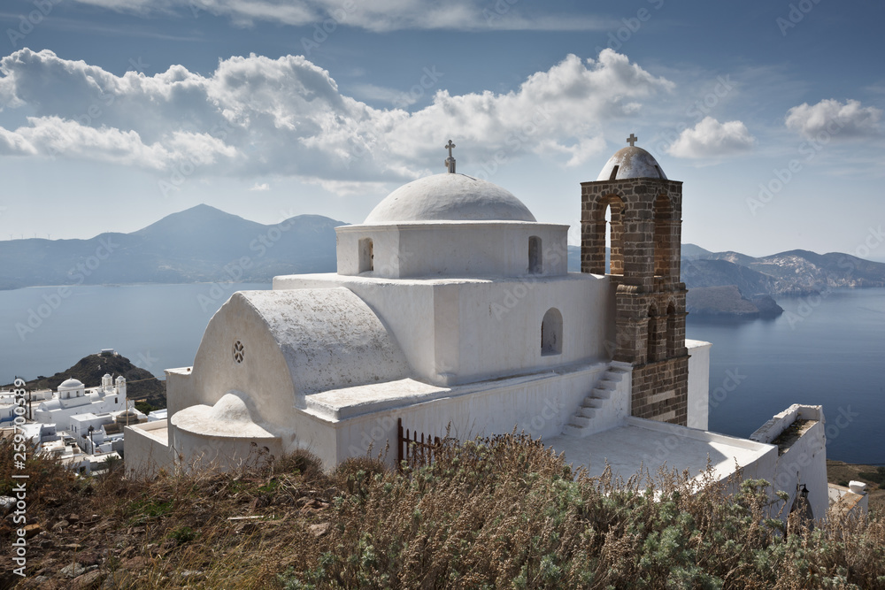 Church above Plaka village, Milos island, Greece.