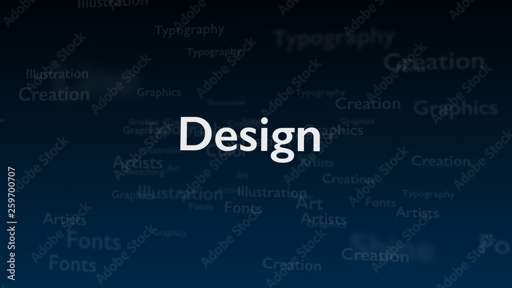 Deep blue background with different words, which deal with design. Close up. Copy space. 3D. Deep blue background with different words, which deal with design. Close up. Copy space. 3D.