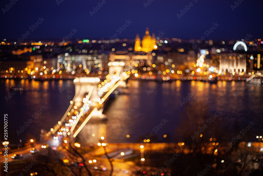 Colorful bokeh background of night. cityscape. Budapest city with famous chain bridge at night, Hungary