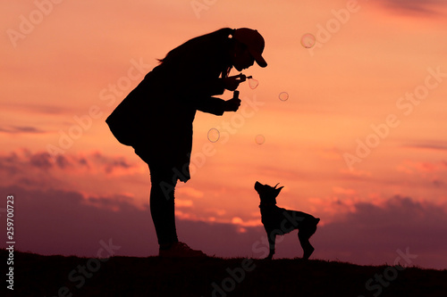 Fototapeta Naklejka Na Ścianę i Meble -  Silhouettes girl and dog at sunset, girl blows bubbles, incredible sunset,