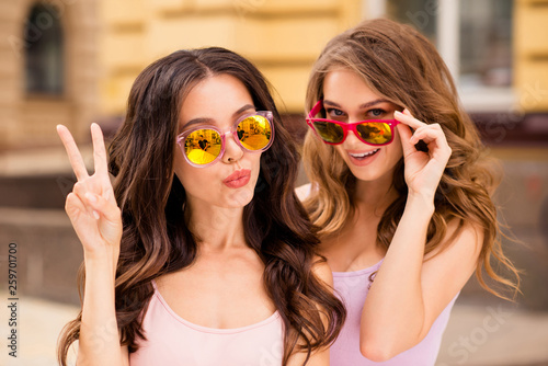 Close up photo of sweet elegant lifestyle lady travel students long hair trip free time make v-signs touch bright modern specs satisfied confident dream dreamy inspired pastel outfit town center