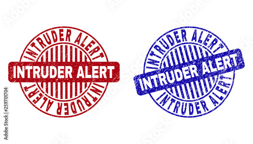 Grunge INTRUDER ALERT round stamp seals isolated on a white background. Round seals with grunge texture in red and blue colors. photo