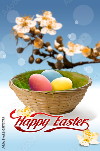 Easter eggs in a wicker basket and a beautiful spring background