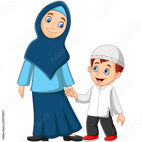 Cartoon Muslim mother with her son