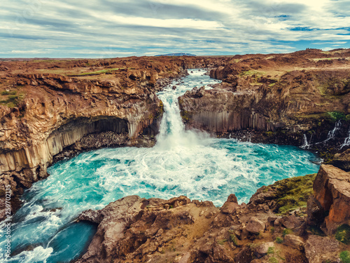 Aerial view Icelandic summer landscape of the Aldeyjarfoss waterfall in north Iceland. The waterfall is situated in the northern part of the Sprengisandur Road within the Highlands of Iceland. © Summit Art Creations
