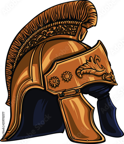 Ancient helmet with the crest vector element. Detailed, hand drawn ancient helmet with shadows, lights and black contour.