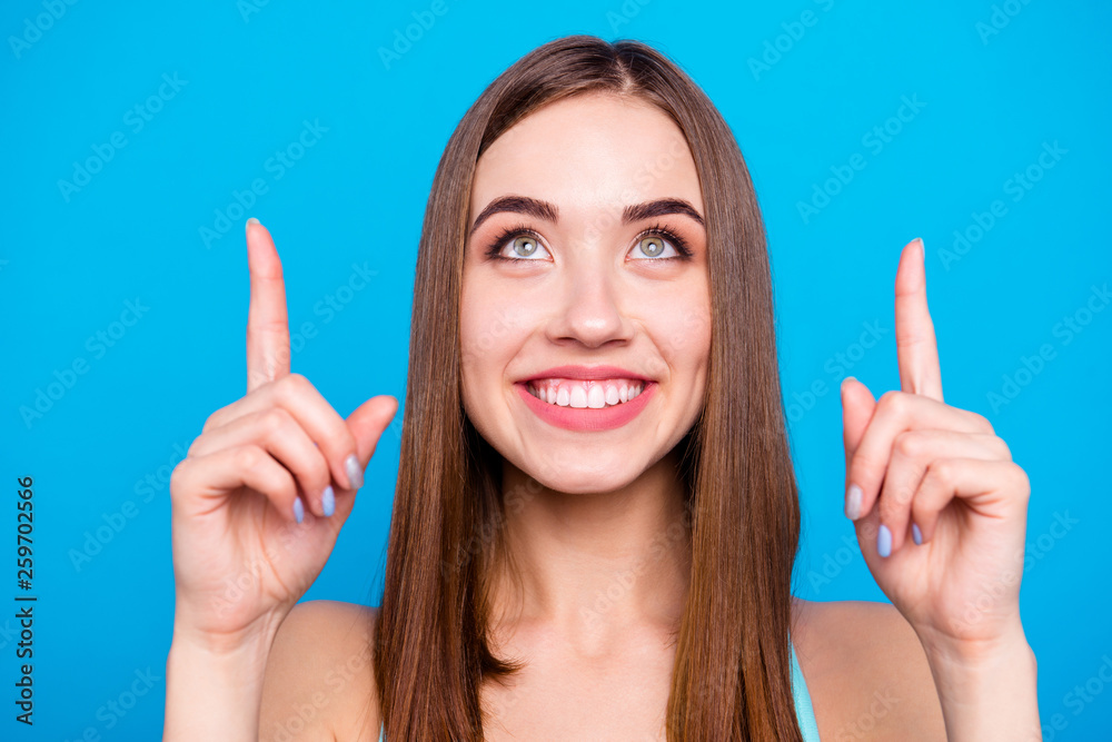 Presenting tips. Close up portrait of trendy pretty cute lady advise choose recommend adverts give news suggestions decide sale discounts give feedback feel inspired isolated colorful background Presenting tips. Close up portrait of trendy pretty cute lady advise choose recommend adverts give news suggestions decide sale discounts give feedback feel inspired isolated colorful background