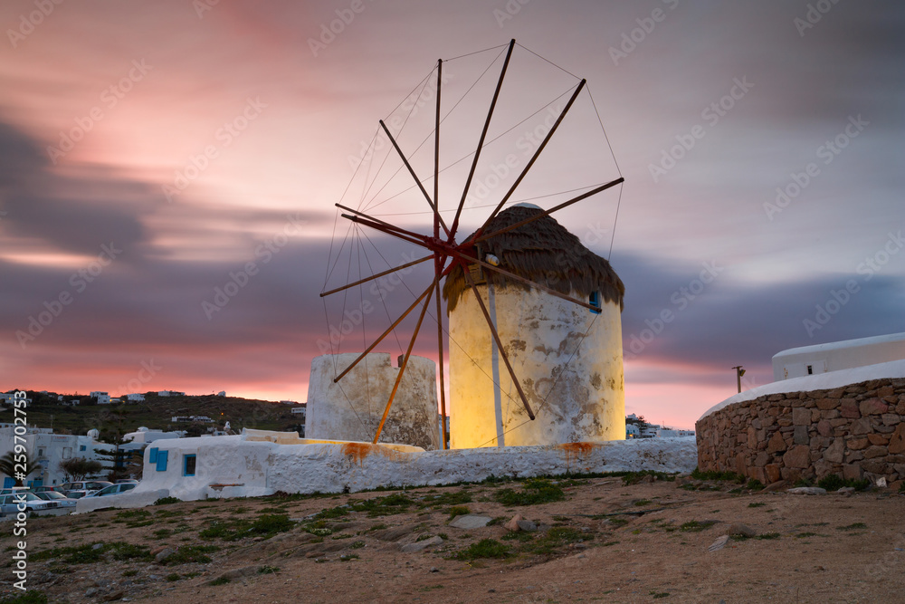 Old traditional windmills over the town of Mykonos.