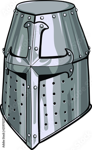 Ancient crusader helmet vector with cross. Medieval helmet with black outline.