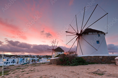 Old traditional windmills over the town of Mykonos.