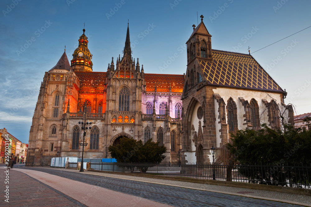 St. Michael chapel and St. Elisabeth cathedral in the main square of Kosice city in eastern Slovakia.