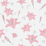 Blossom floral seamless pattern. Lily flowers with branches and leaves scattered random. Trendy abstract vector texture. Good for fashion prints, fabric, design. Hand drawn flowers on white background
