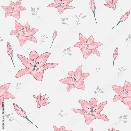 Blossom floral seamless pattern. Lily flowers with branches and leaves scattered random. Trendy abstract vector texture. Good for fashion prints  fabric  design. Hand drawn flowers on white background