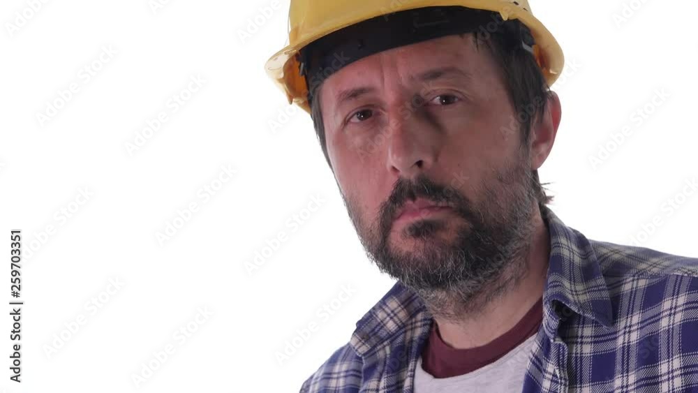 Portrait of concerned construction worker isolated on white background Portrait of concerned construction worker isolated on white background