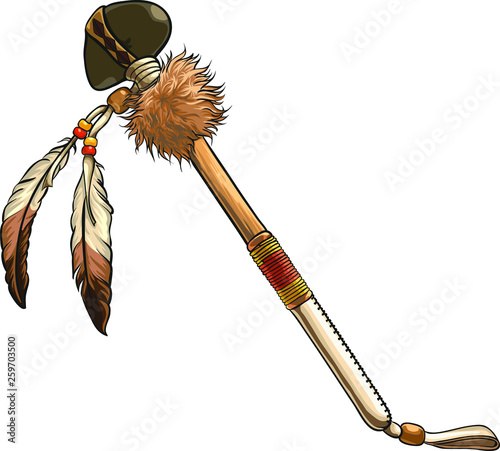 Native american stone tomahawk with feather decoration. Detalied axe vector element.