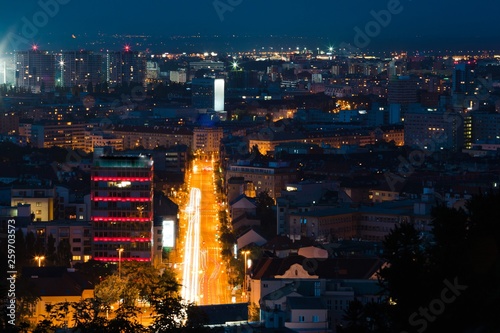 Photography Night city view on busy street, long time landscape shot