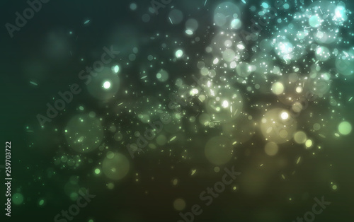 Green many glitter and soft light falling with bokeh effect on dark background