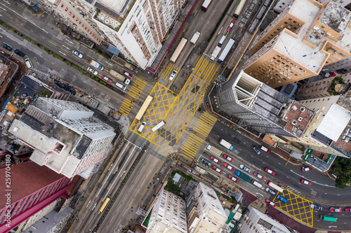 Top view of Hong Kong traffic road intersection in city © leungchopan