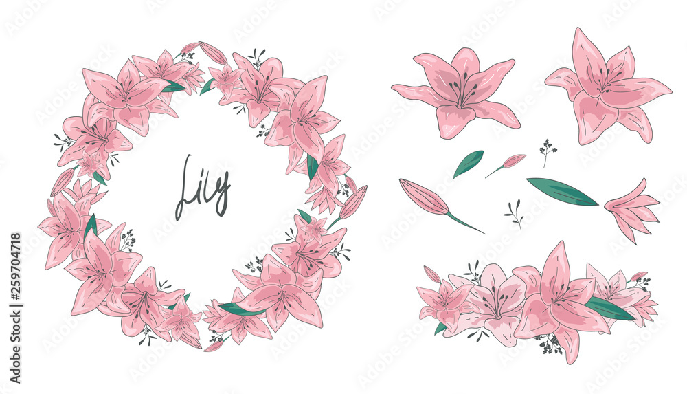 Vector illustrations - Floral set (flowers, leaves and branches). Hand drawn wreath, design elements in doodle sketch style. Perfect for invitations, greeting cards, tattoo, prints. isolated on white