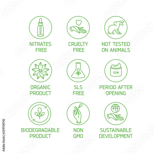 Vector set of logos, badges and icons for natural eco friendly handmade products, organic cosmetics, vegan and vegetarian food isolated on white background. Eco safe sign design.