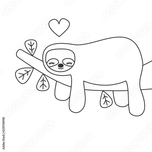 cute lovely black and white sloth sleeping on a branch vector illustration for coloring art