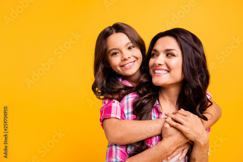Close up portrait of tender gentle motherhood parenthood feel satisfied glad have free time warm cozy cuddle touch hands show trust isolated wear colorful stylish clothing on vivid background