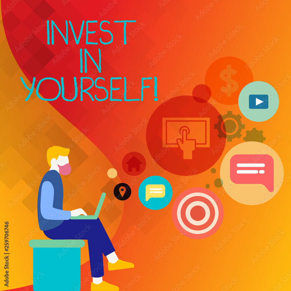 Text sign showing Invest In Yourself. Business photo text learn new things or materials thus making your lot better Man Sitting Down with Laptop on his Lap and SEO Driver Icons on Blank Space Text sign showing Invest In Yourself. Business photo text learn new things or materials thus making your lot better Man Sitting Down with Laptop on his Lap and SEO Driver Icons on Blank Space