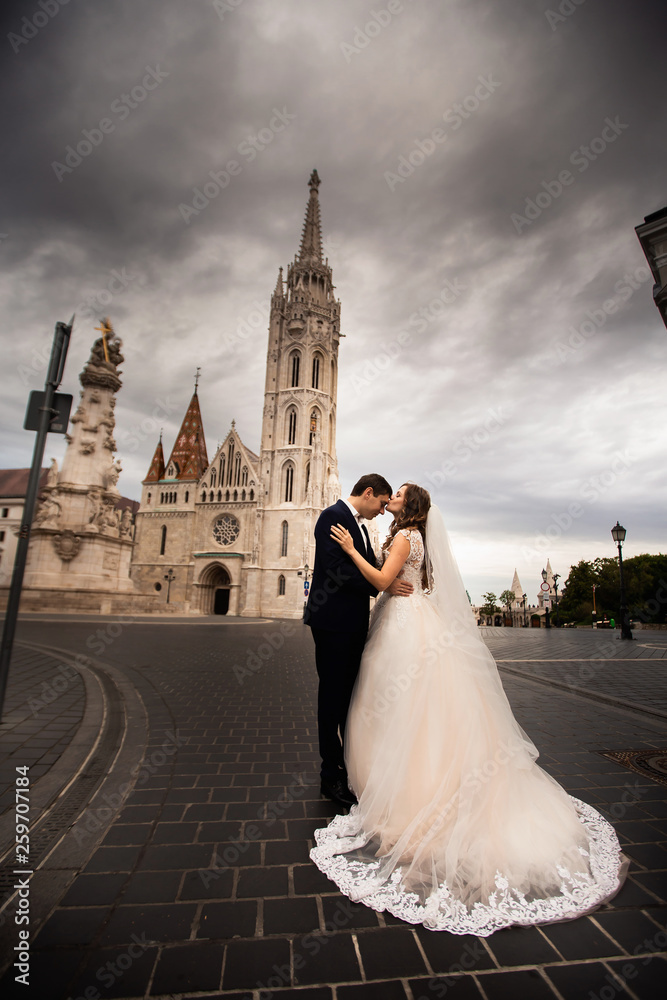 Obraz premium Young beautiful stylish pair of newlyweds by the Fisherman's Bastion in Budapest, Hungary