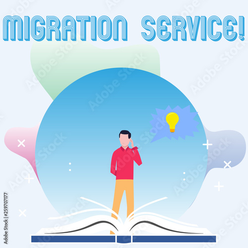 Text sign showing Migration Service. Business photo showcasing shift different cloud vendors without implementation Man Standing Behind Open Book, Hand on Head, Jagged Speech Bubble with Bulb
